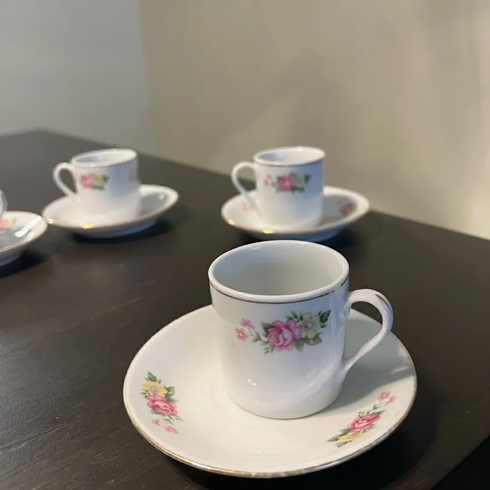 Demitasse Cups and Saucers,  Pink Rose Floral, Espresso Cups, Set of 4